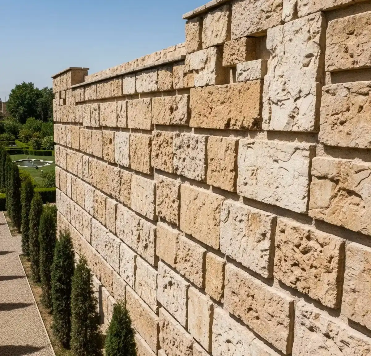 سنگ مالون کرم رنگ استفاده شده در دیوار حیاط و ویلا