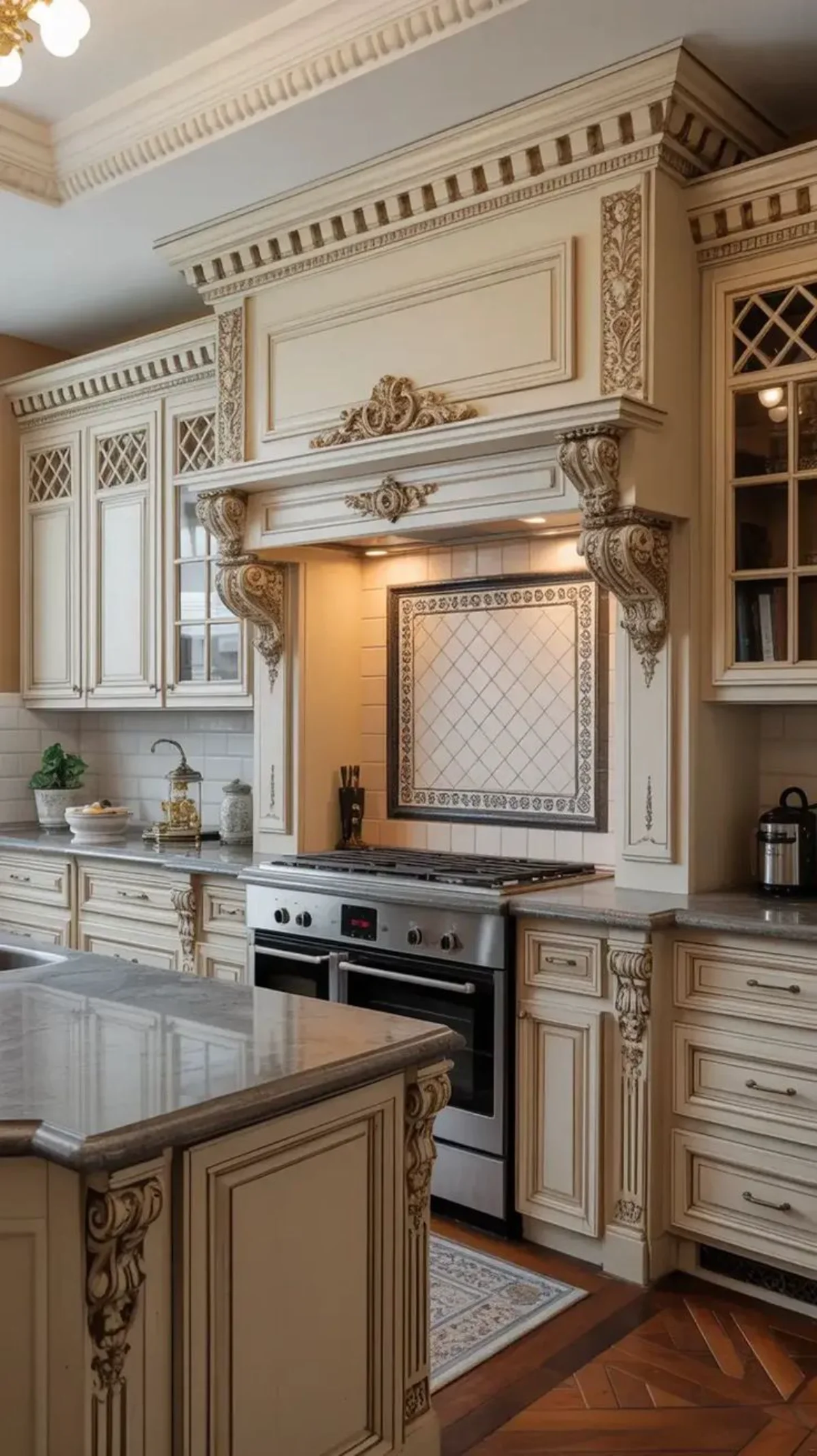 کابینت کلاسیک رومی ممبران سفید با منبتکاری حجیم روی سر ستون ها