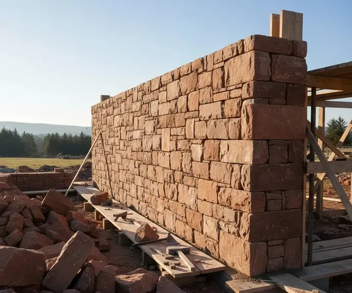 دیوارچینی در حال اجرا با سنگ مالون تراشخورده