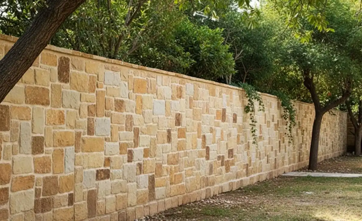 سنگ مالون به کار رفته در دیوار خانهای روستایی در ابعاد متفاوت و رنگهای کرم، قهوهای و طوسی