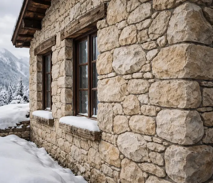 دیوار نمای ساخته شده با سنگ مالون طبیعی ناهموار در محیطی برفی