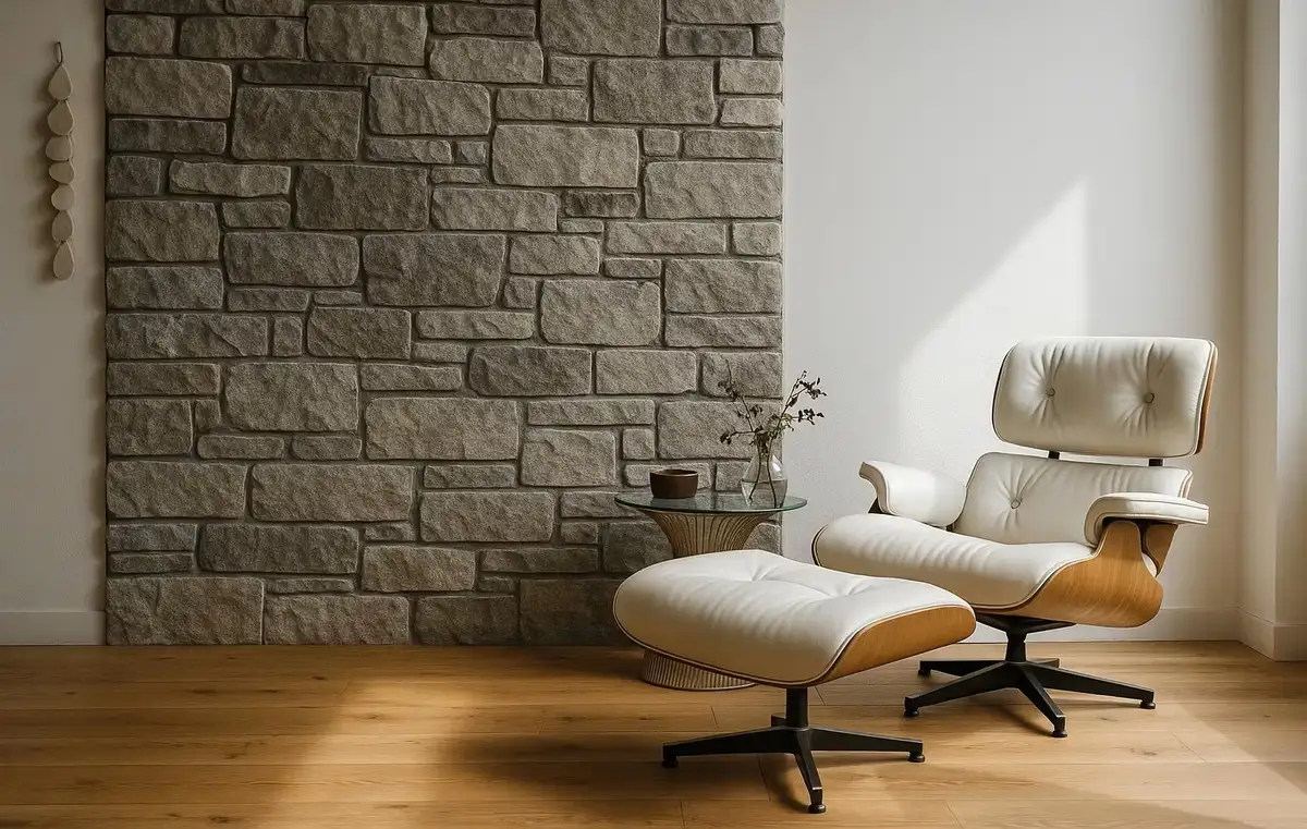 نمای داخلی یک خانه با دیواری طراحی شده با سنگ مالون زیبا در رنگ طوسی