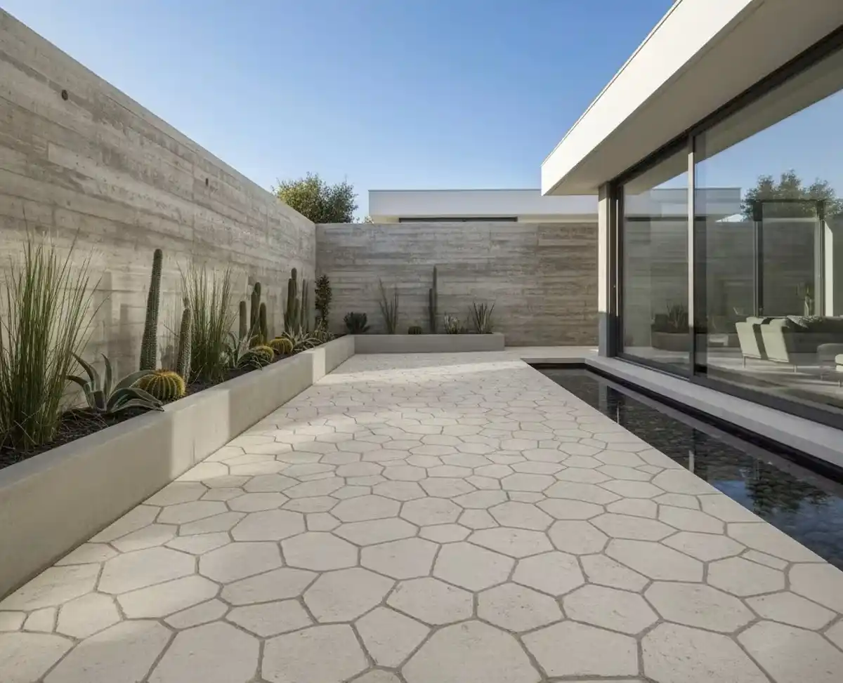 حیاط یک ویلای مدرن با طراحی مینیمال، کفسازی شده با سنگ مالون کرم روشن تراش خورده
