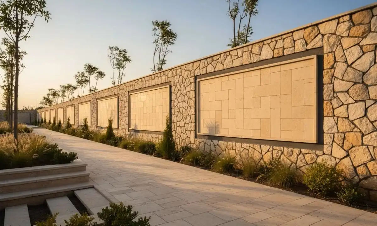 انواع سنگ مالون لاشهای و تراش خورده کرم رنگ و زرد رنگ در دیوار ساختمان و کف حیاط