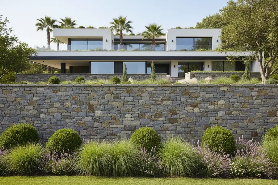 دیوار حفاظتی یا تزئینی ساخته شده با سنگ مالون سفید، طوسی و قهوهای در اشکال نامنظم اما به دقت چیده شده