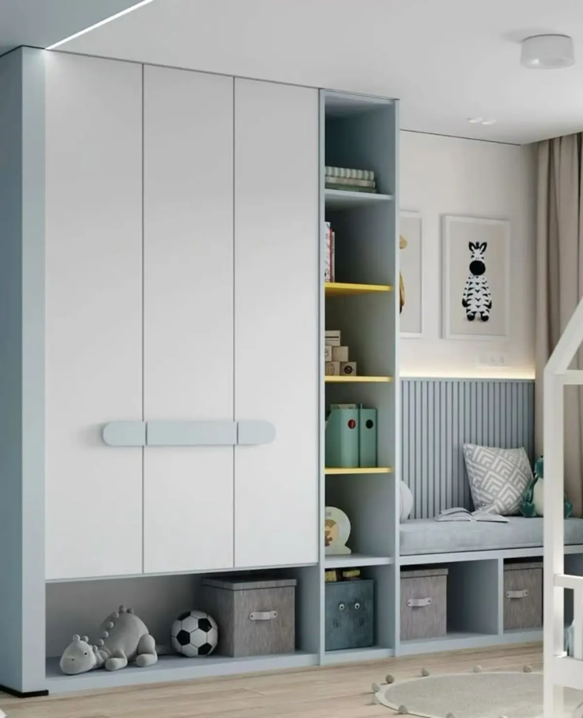 کمد دیواری سفید مدرن با دستگیره آبی