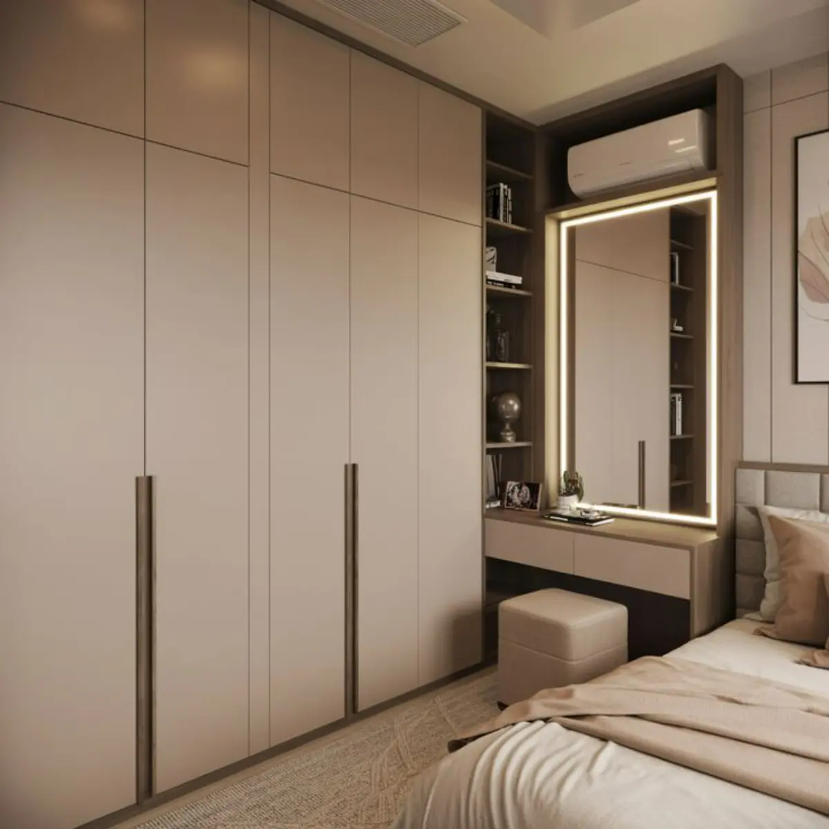 کمد دیواری با میز آرایش مدرن کرم با نورپردازی