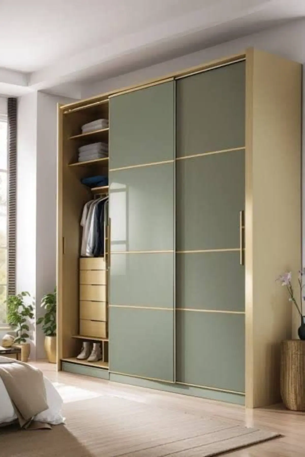 کمد دیواری ریلی مدرن براق سبز طلایی