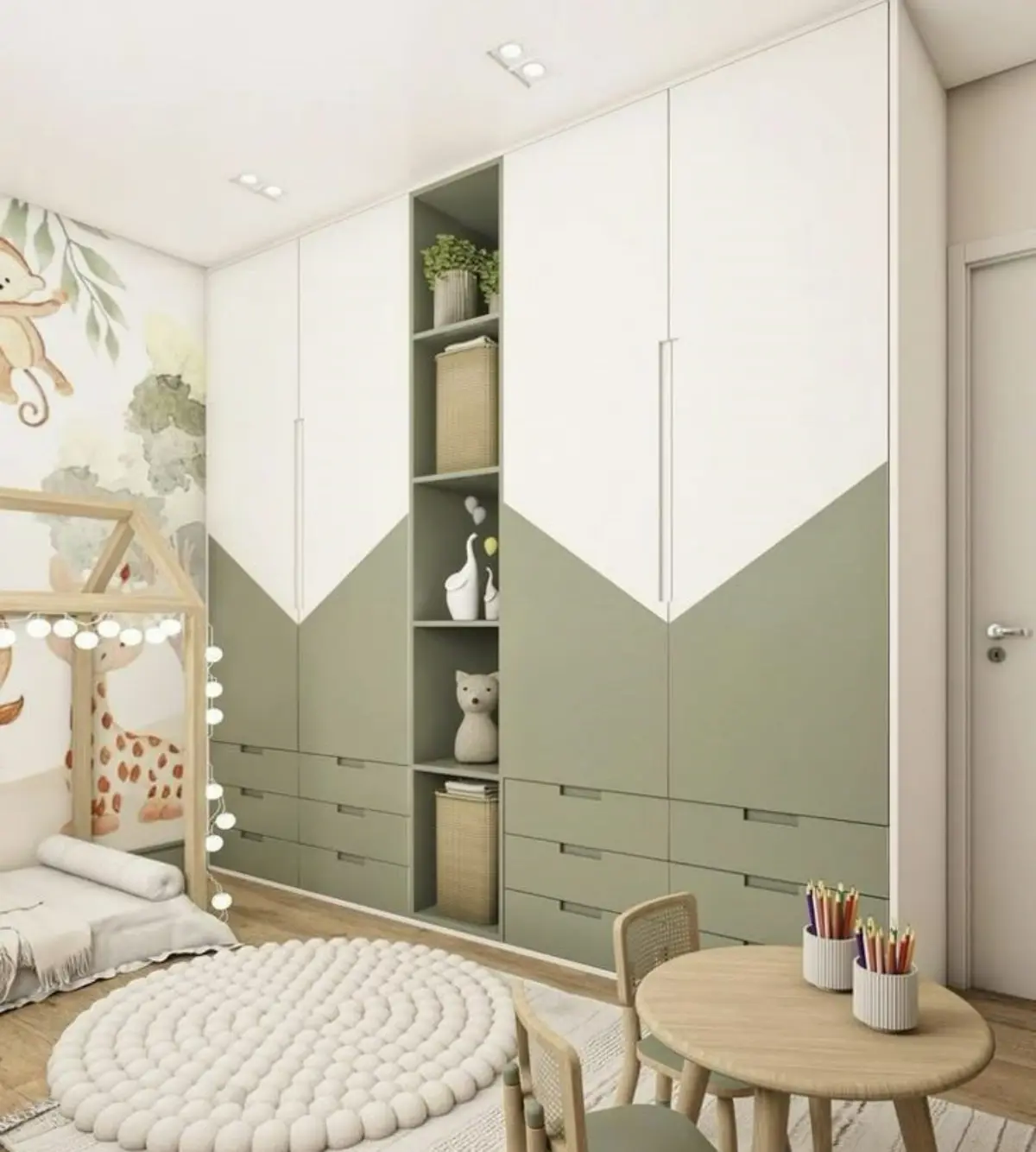 کمد دیواری مدرن سبز و سفید با دستگیره مخفی و میز تحریر چوبی