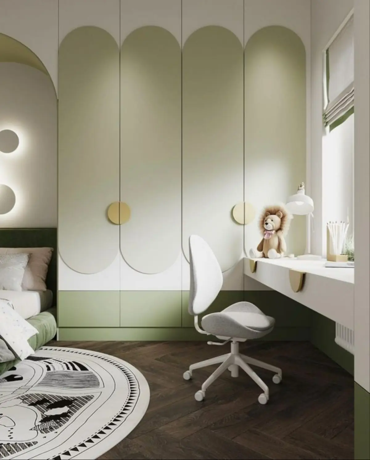 کمد دیواری مدرن سفید سبز با میز مطالعه مدرن و صندلی سفید