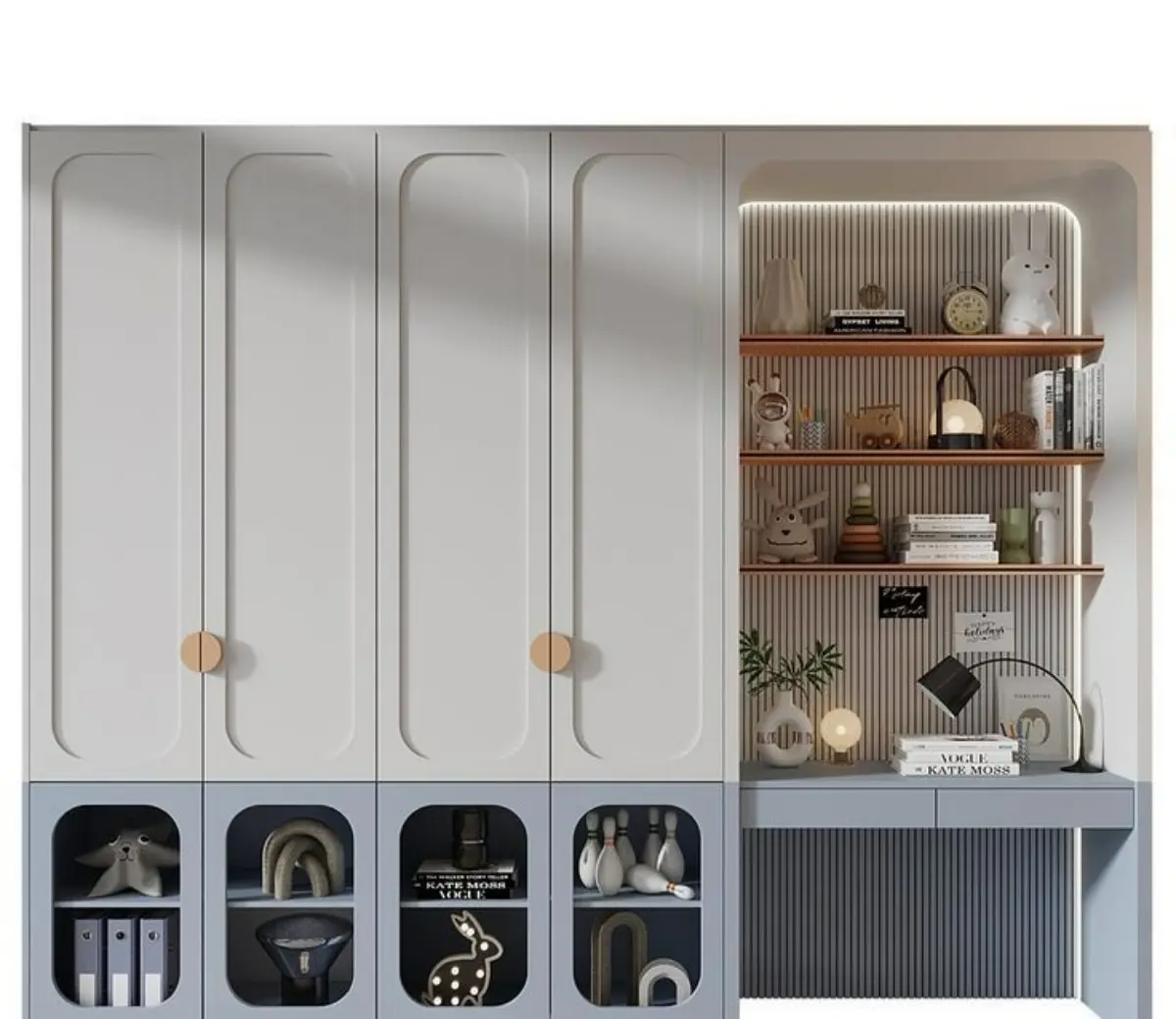 کمد دیواری ممبران نئوکلاسیک آبی با میز مطالعه