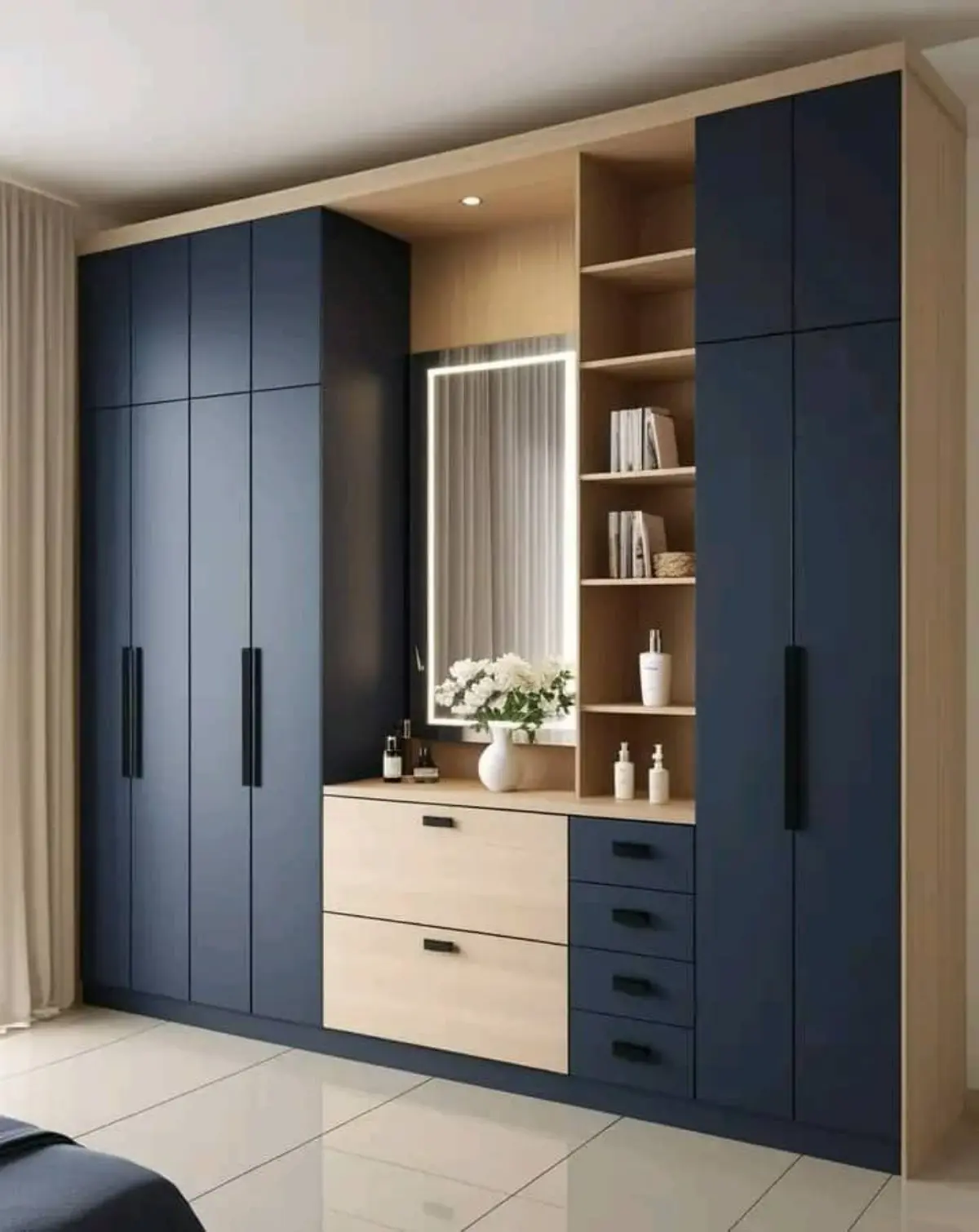 کمد دیواری و میز آرایش مدرن آبی چوبی با دستگیره مشکی