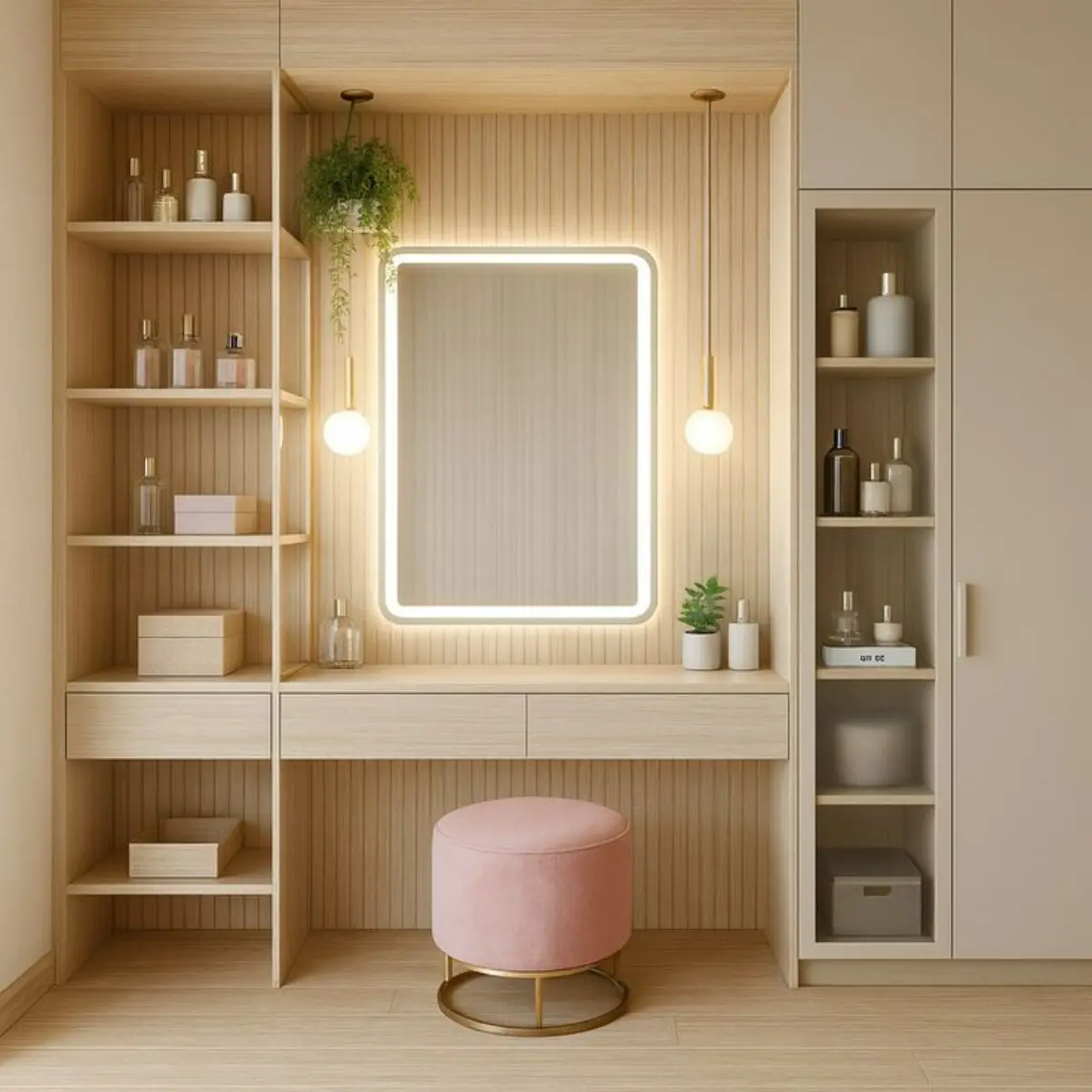 کمد دیواری ومیز آرایش مدرن سفید چوبی با آینه مستطیلی و نورپردازی