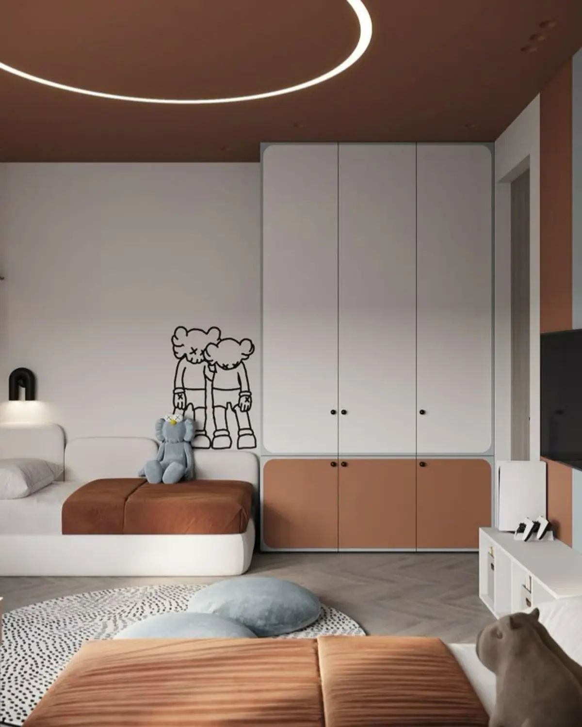 کمد دیواری پسرانه سفید گلبهی با تخت سفید مدرن