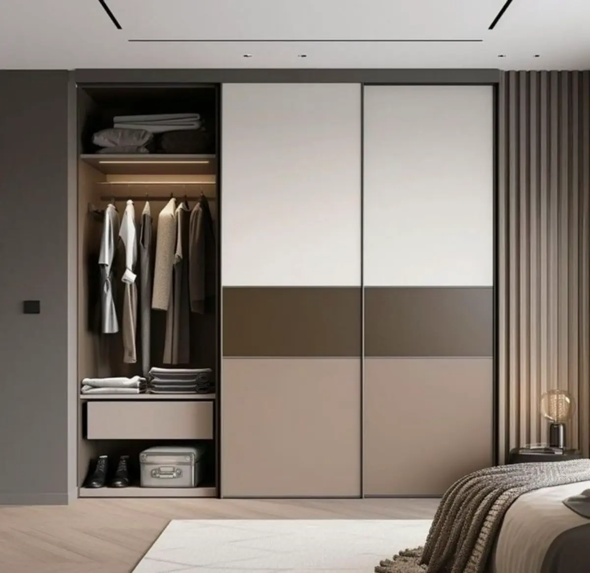 کمد دیواری با درب ریلی سفید قهوهای