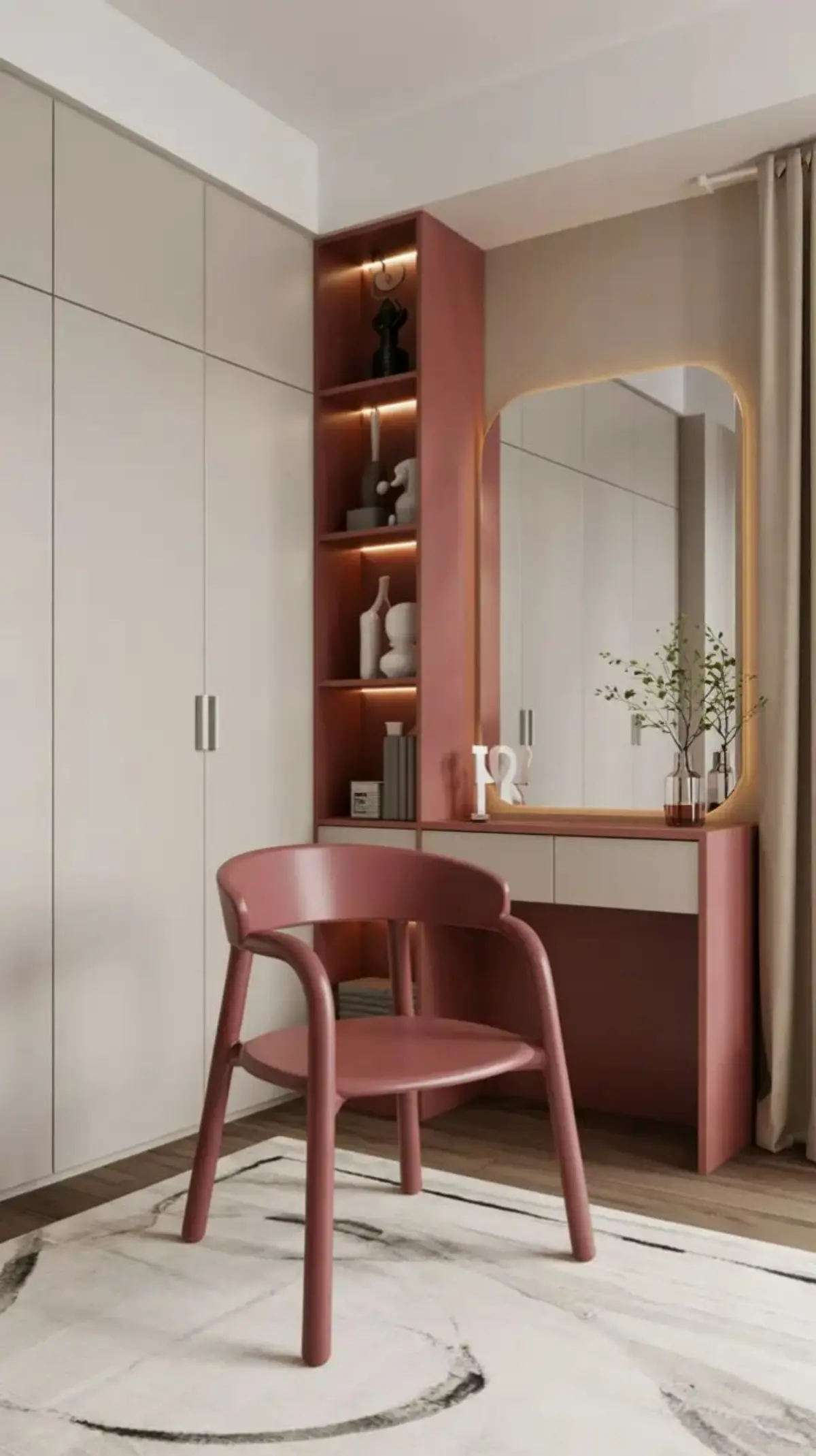 کمد دیواری و میز آرایش مدرن کرم صورتی با آینه و صندلی