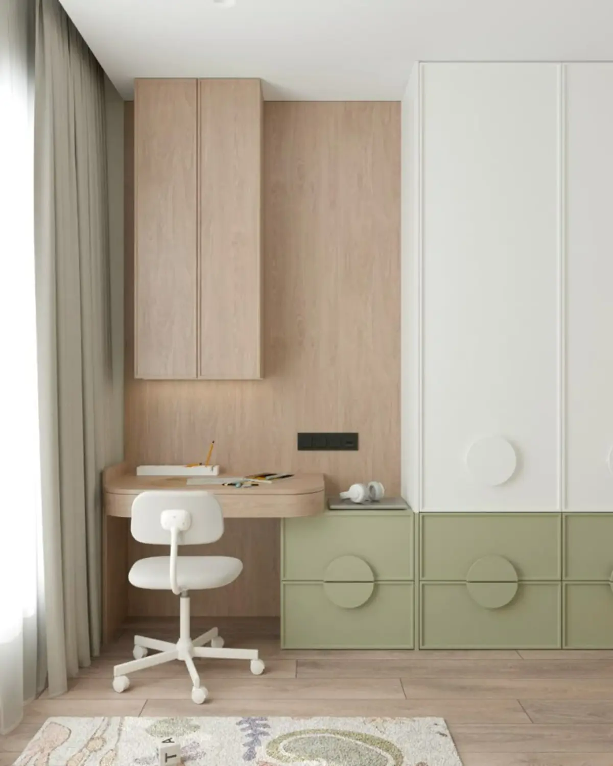 کمد دیواری نئوکلاسیک با میز مطالعه به رنگ سفید سبز با متریال پلی اورتان