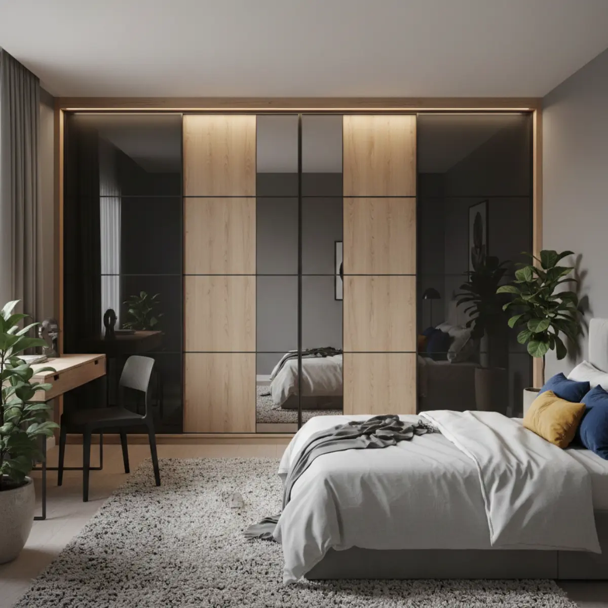 کمد دیواری با درب ریلی چوبی با آینه قدی در فضای کوچک