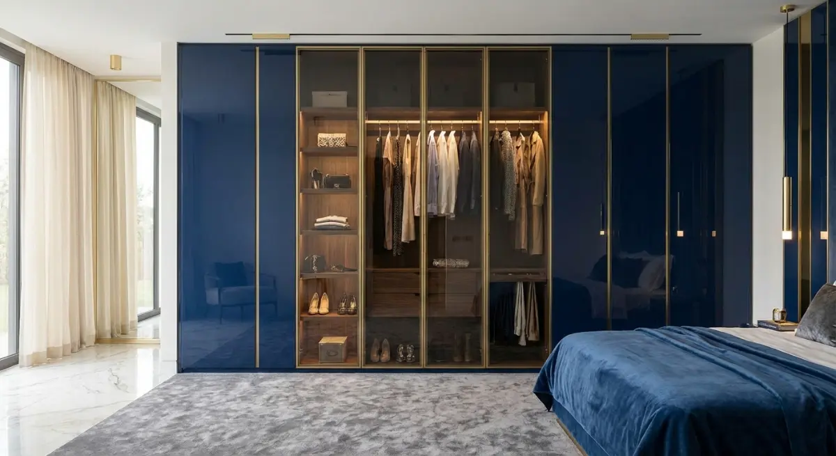 کمد دیواری پلی اورتان آبی نفتی براق با ترکیب شیشه