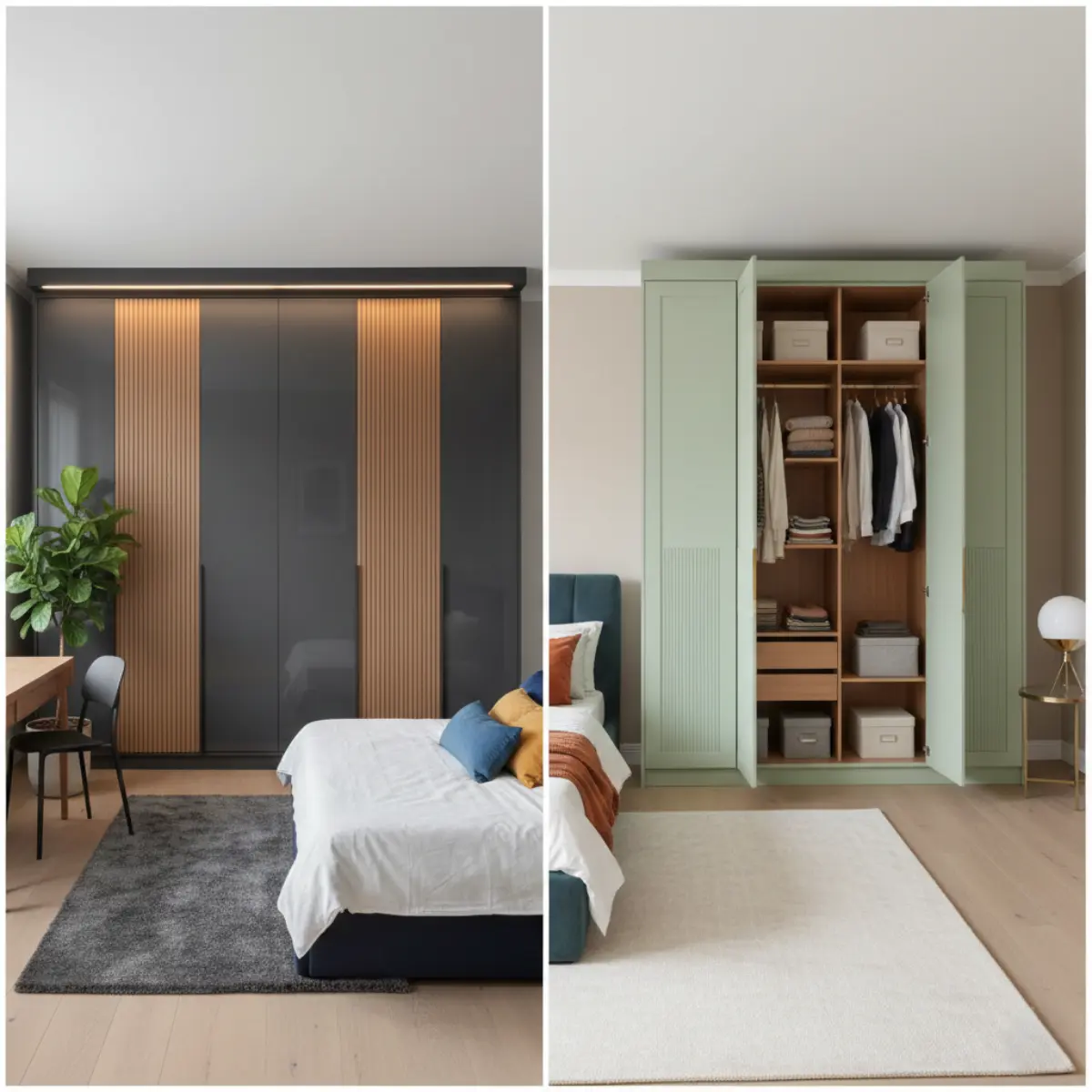 کمد دیواری لولایی سبز و کمد دیواری ریلی طوسی چوبی