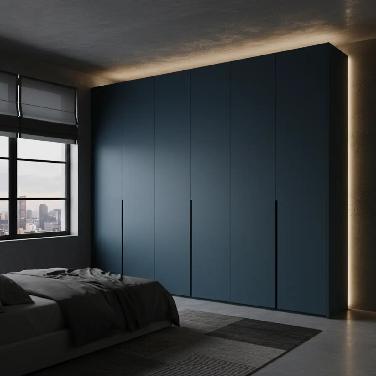 کمد دیواری پلی اورتان طوسی آبی تیره با نور مخفی