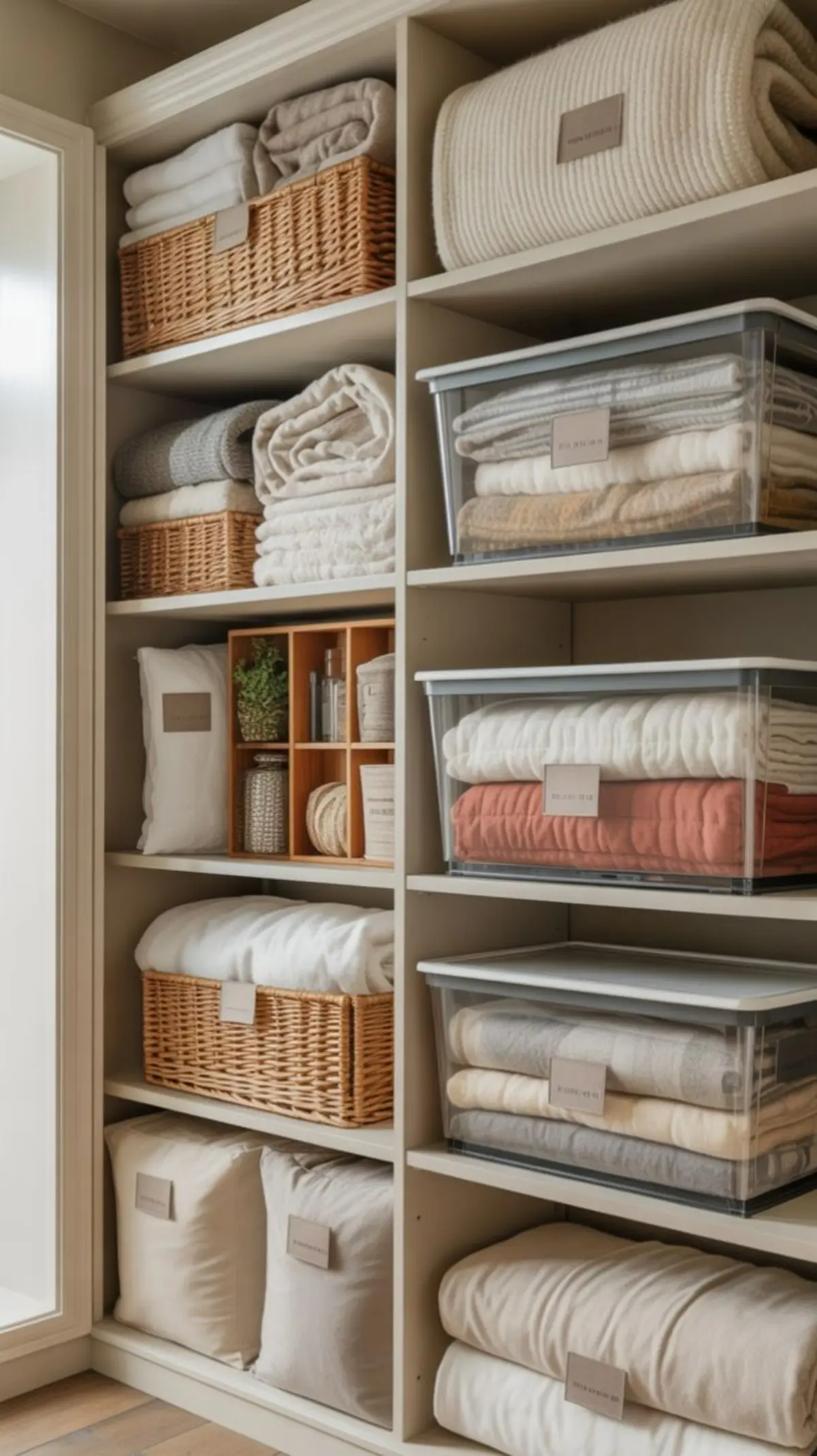 کمد دیواری با طبقات سفید و باکس چوبی برای نگهداری رختخواب