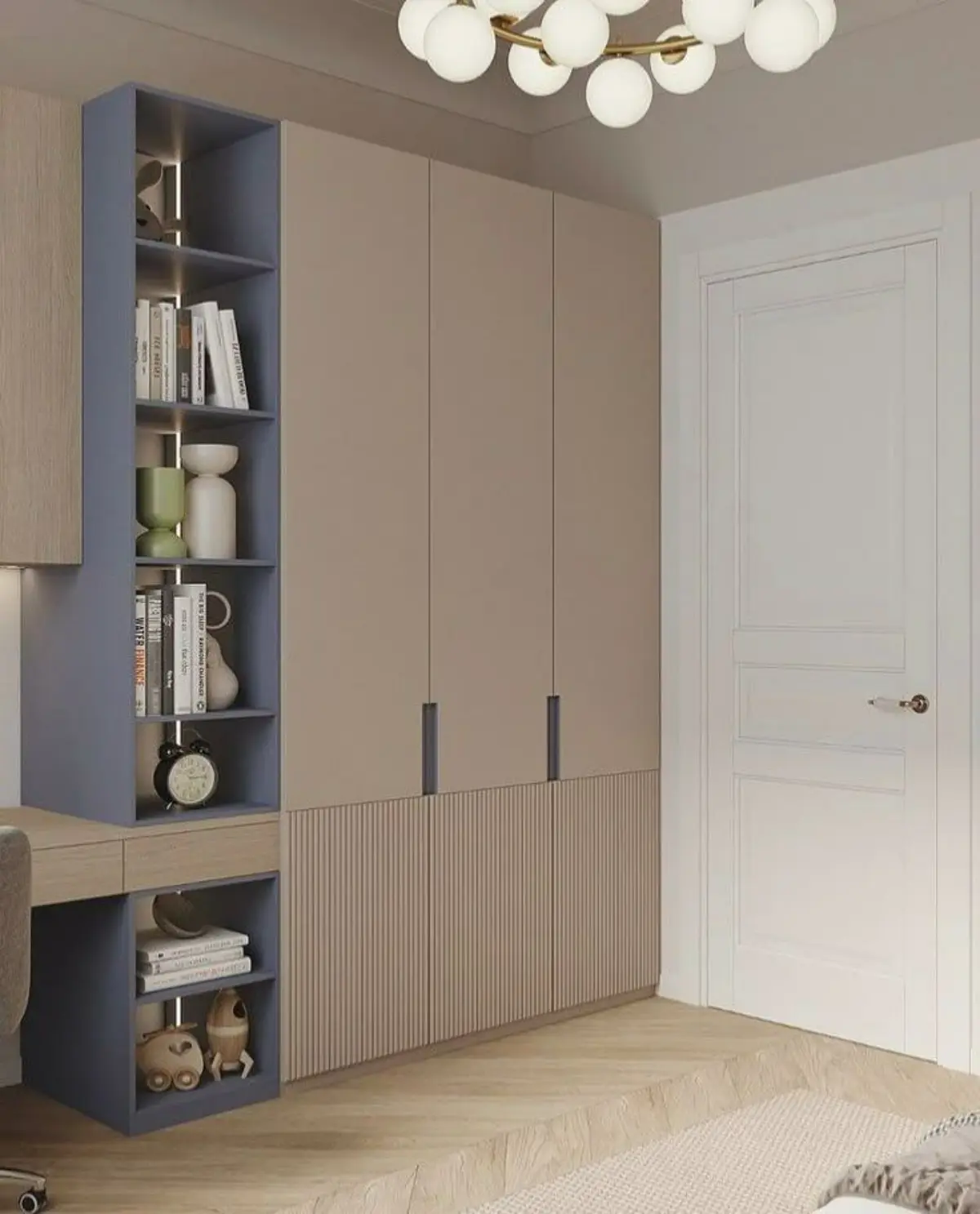 کتابخانه آبی با کمد بژ مدرن