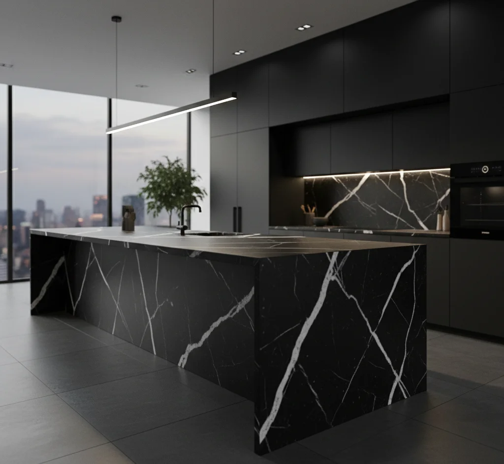 تصویر یک آشپزخانه مدرن و خاص با صفحه کابینت طرح سنگ تیره با رگه های سفید