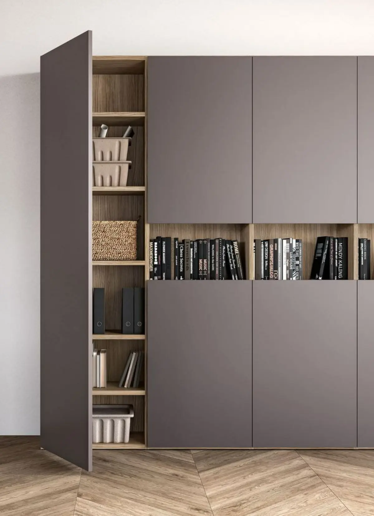 کمد دیواری مدرن طوسی با کتابخانه