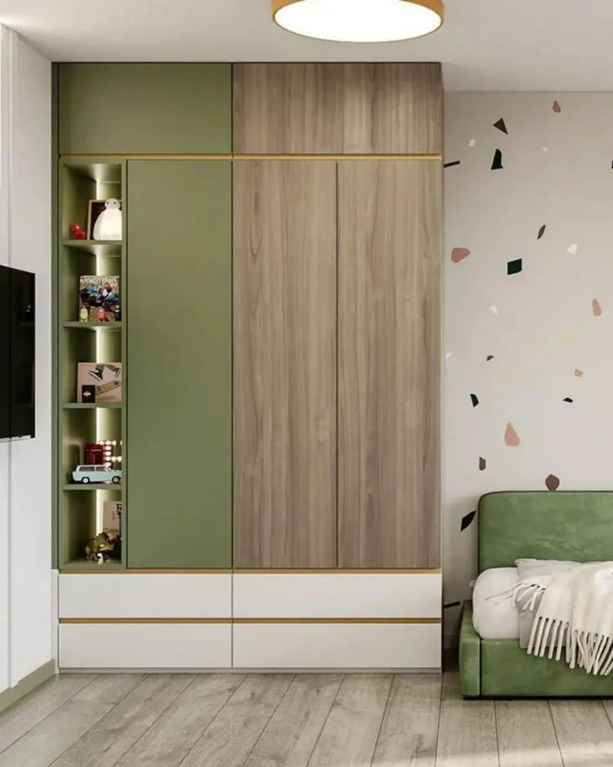 کمد دیواری مدرن سبز چوبی با کتابخانه و کشوی سفید