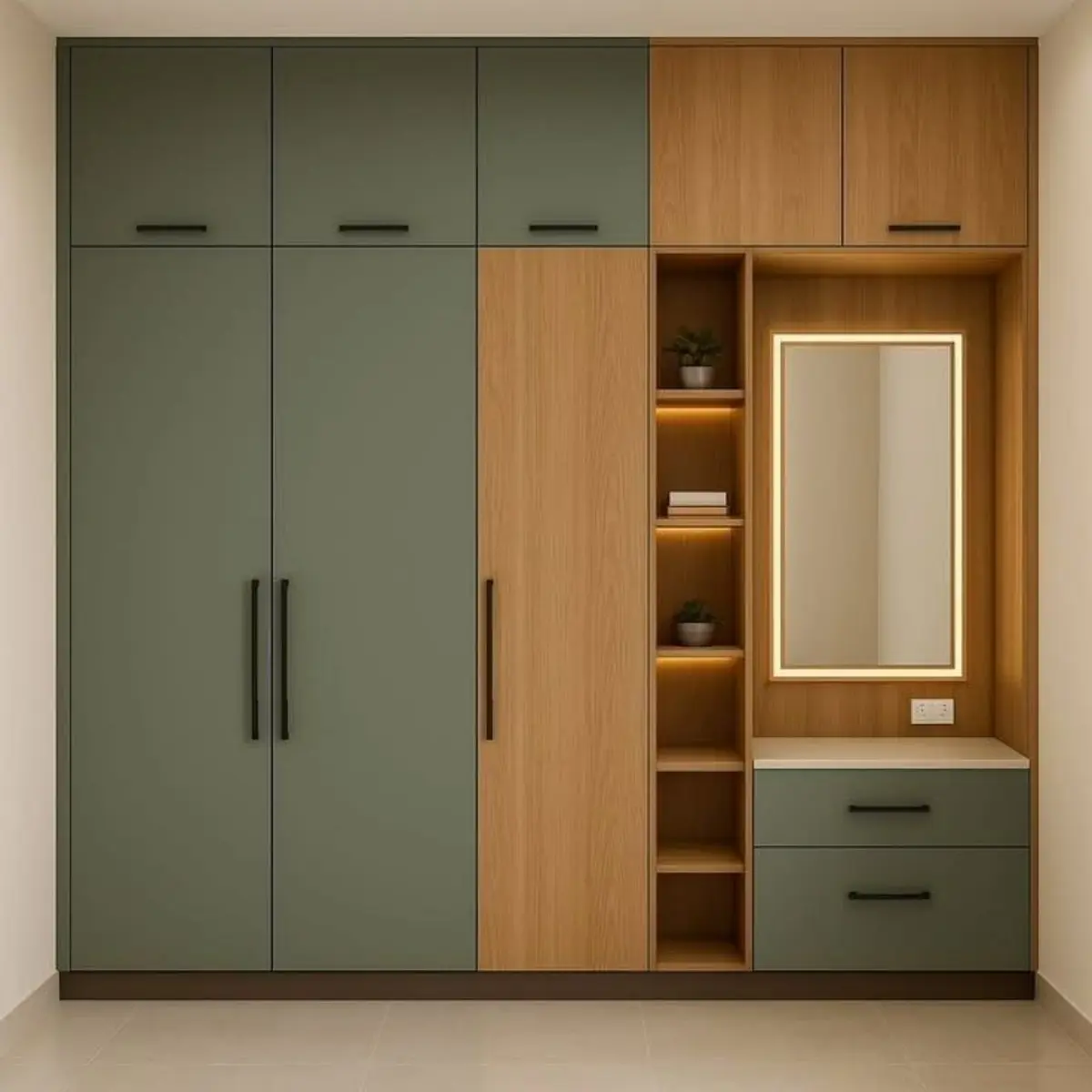 کمد دیواری سبز و چوبی میز آرایش و شلف