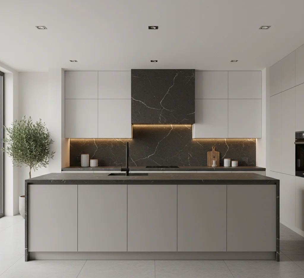 نمونه جدیدترین طراحی و ترند کابینت و صفحه کابینت طرح سنگ با دیزاین خاص در آشپزخانه مدرن