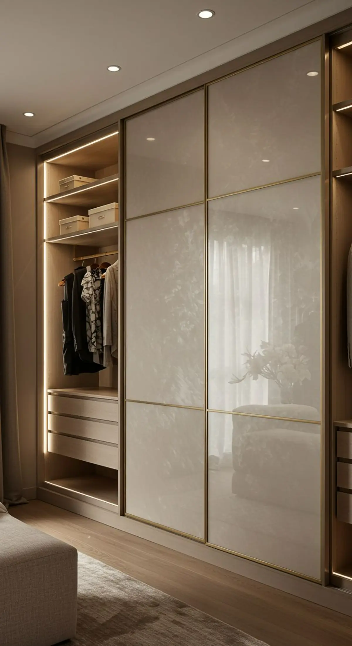 کمد دیواری هایگلاس سفید براق با نورپردازی و کشوهای داخلی