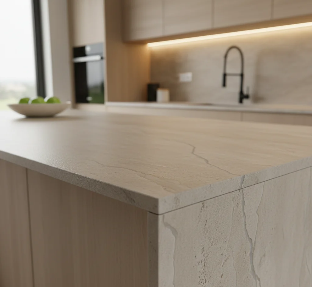 تصویر آشپزخانه مدرن و زیبا طراحی شده با صفحه کابینت طرح سنگ مات مناسب خانواده های پر جمعیت