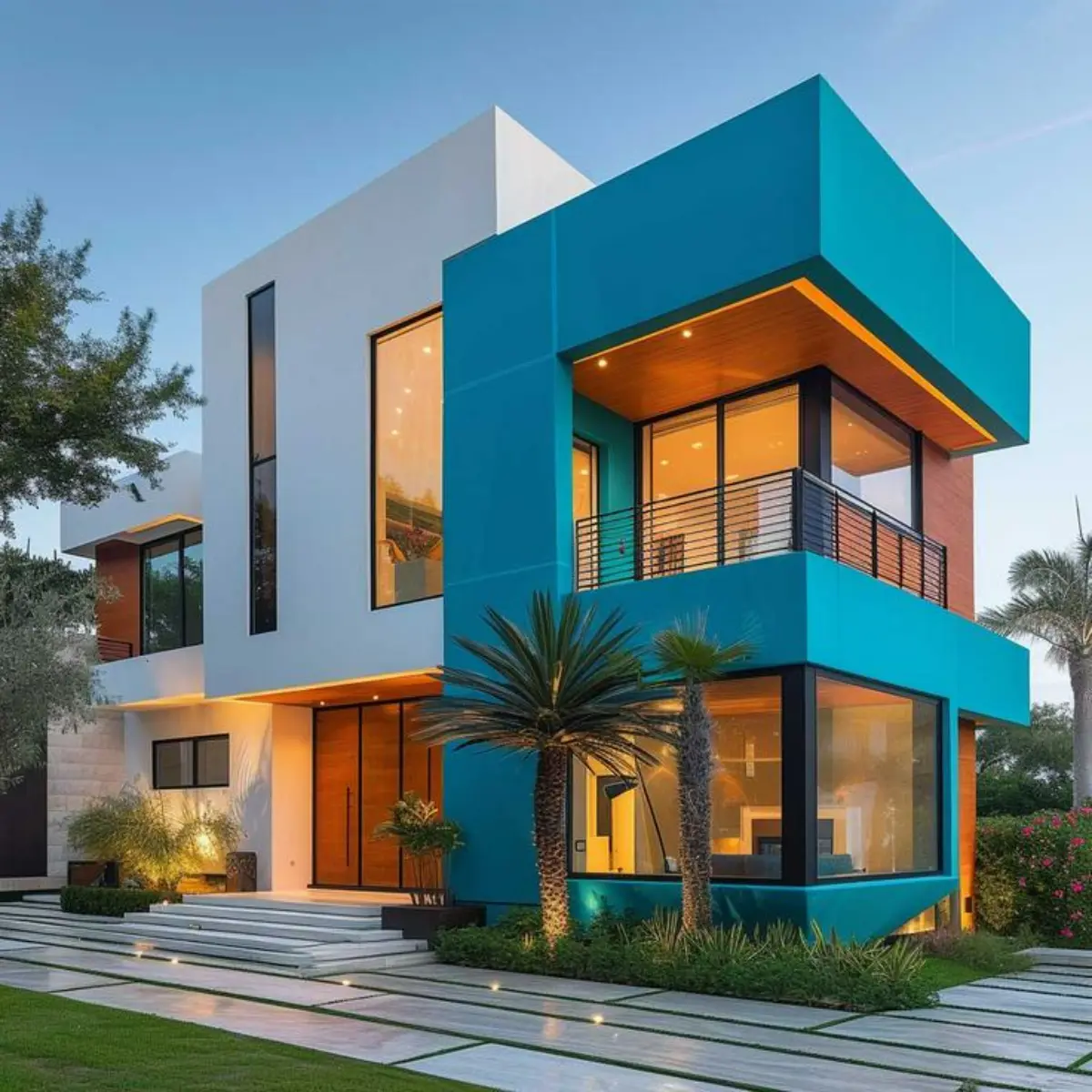 رنگ آمیزی نمای ساختمان با رنگ آبی و سفید