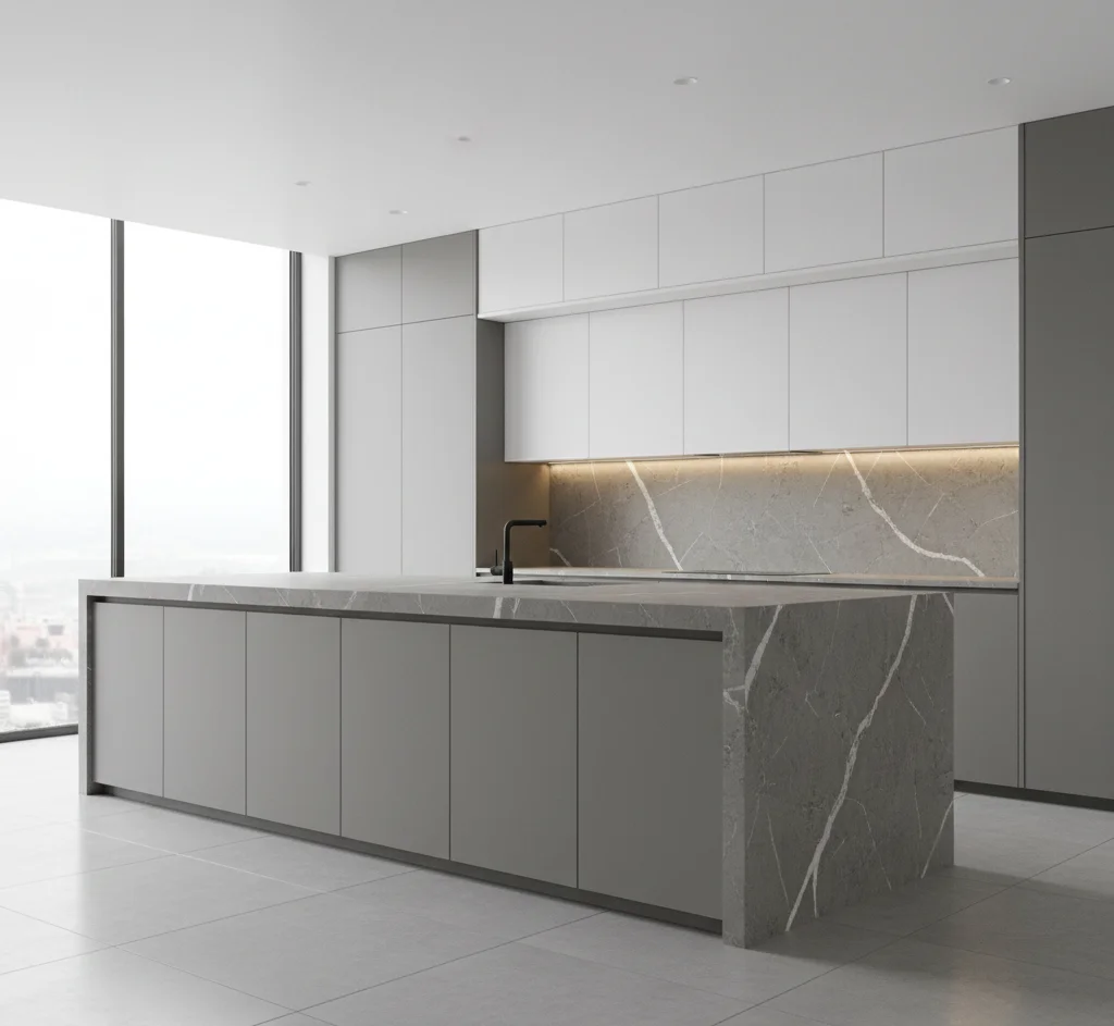 نمونه کابینت سنگی جدید با ترکیب MDF و سنگ مهندسیشده در آشپزخانه مدرن