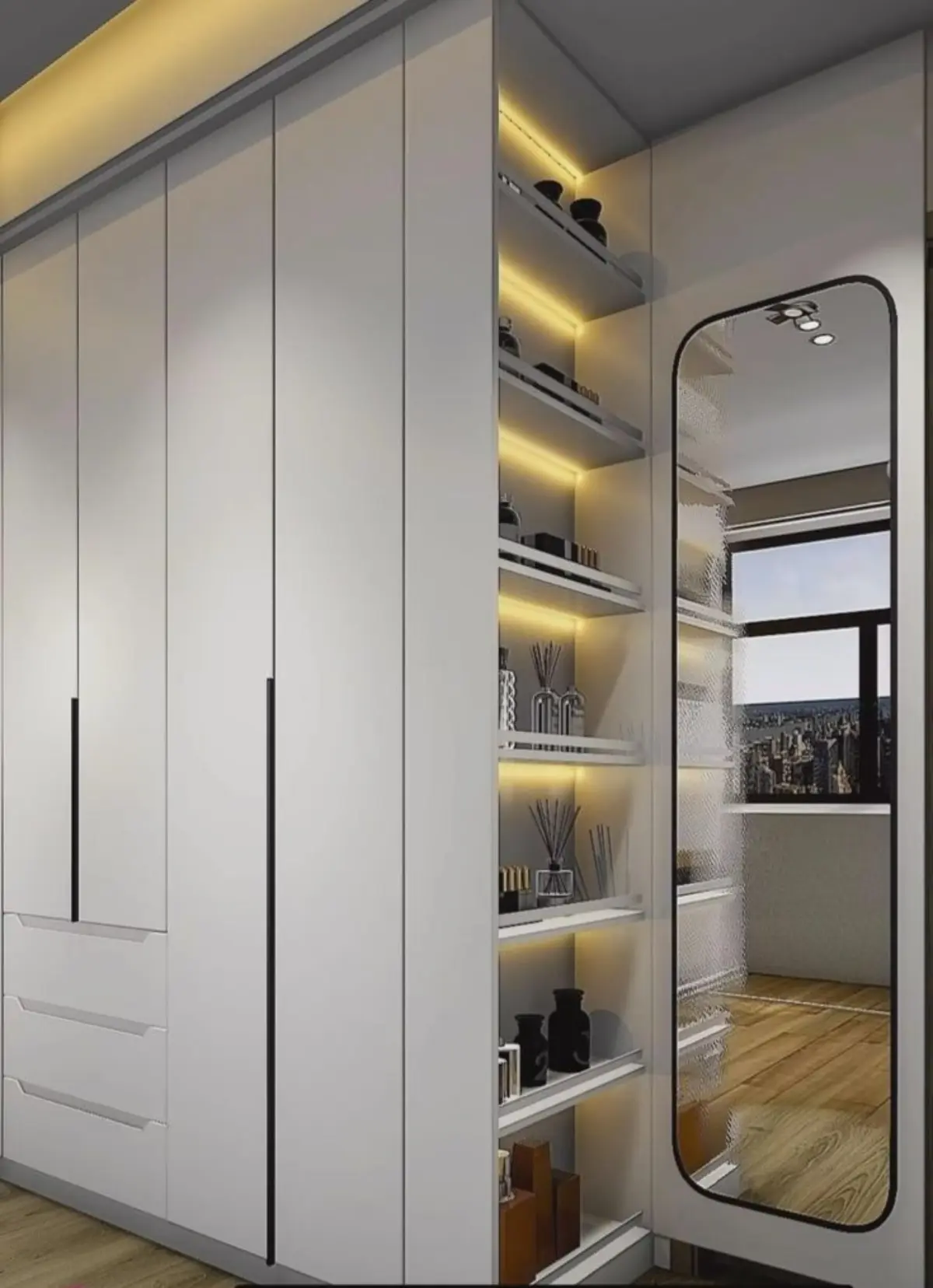 کمد دیواری مدرن با قفسه بندی ثابت به رنگ سفید