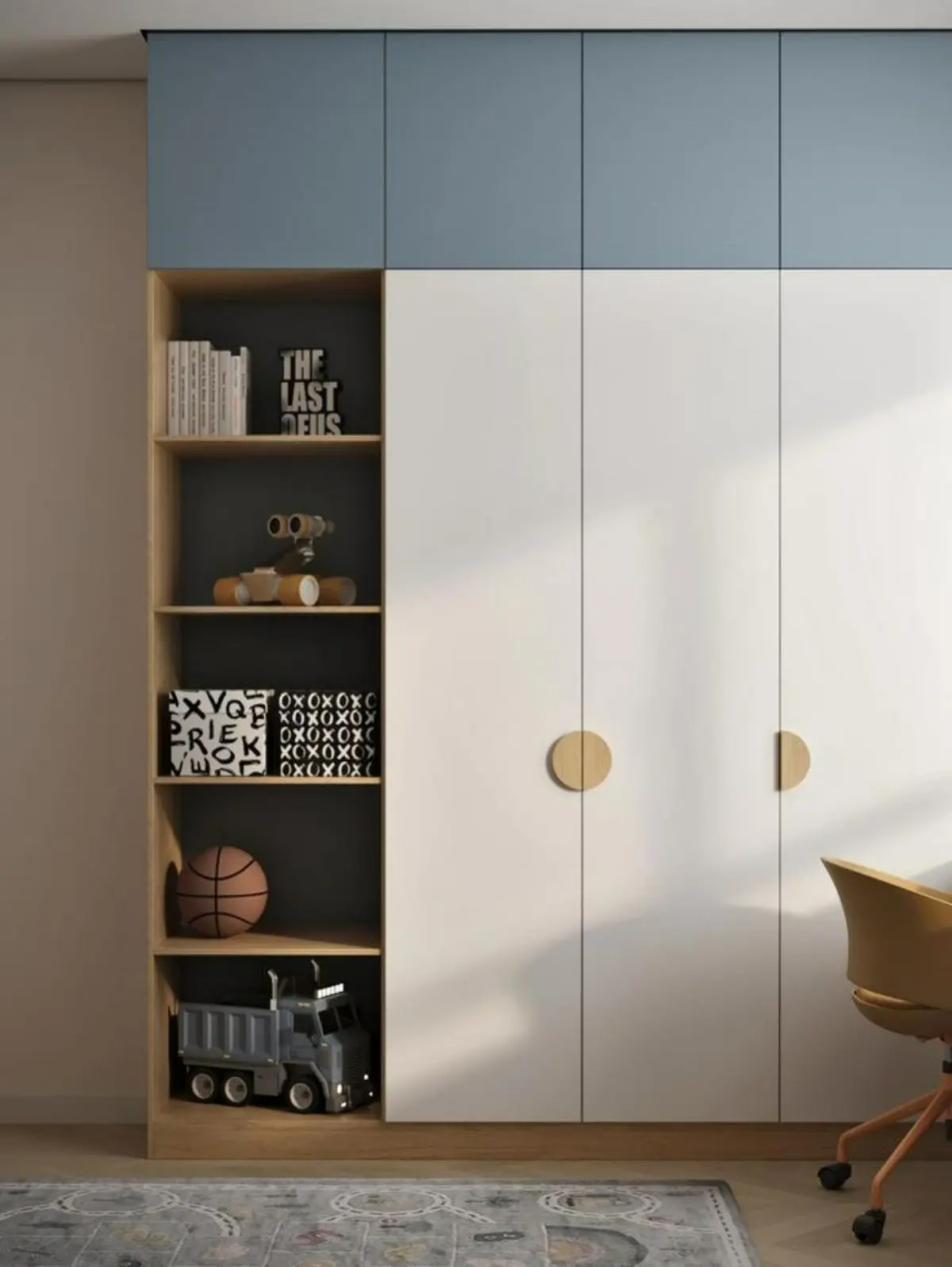 کمد دیواری مدرن سفید آبی ام دی اف با کتابخانه