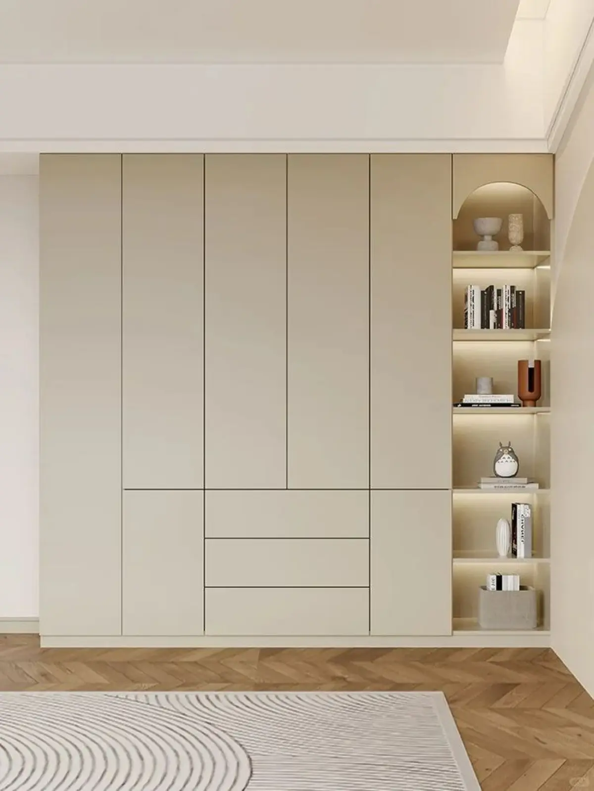 کمد دیواری مدرن کرم با کتابخانه قوس شکل