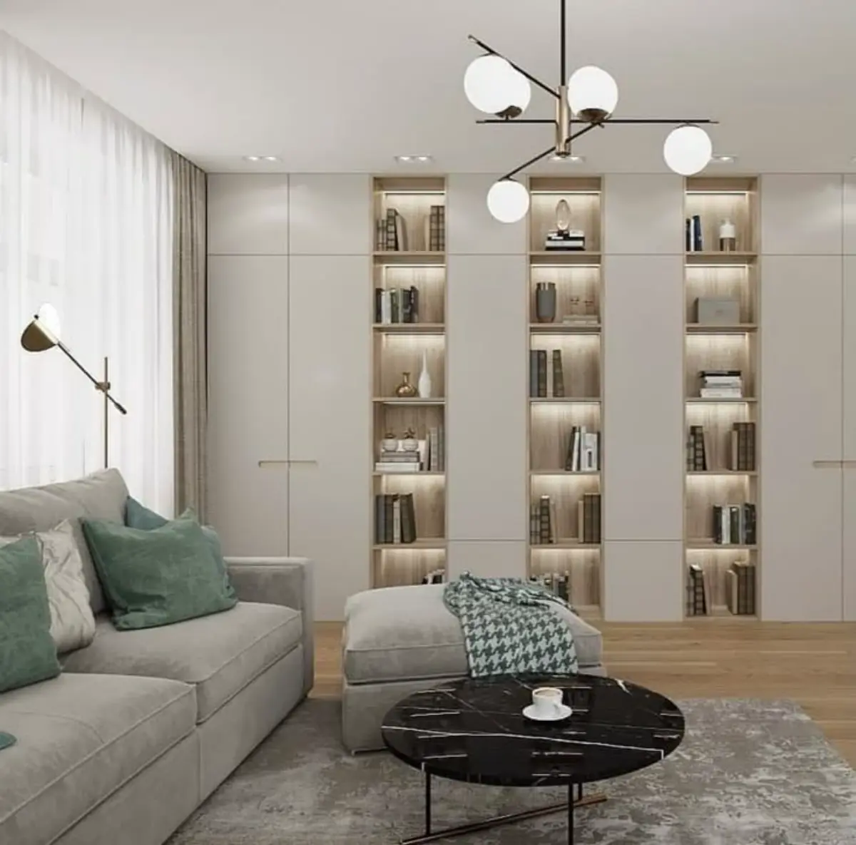 کمد دیواری پلی اورتان کرم با شلف و نورپردازی