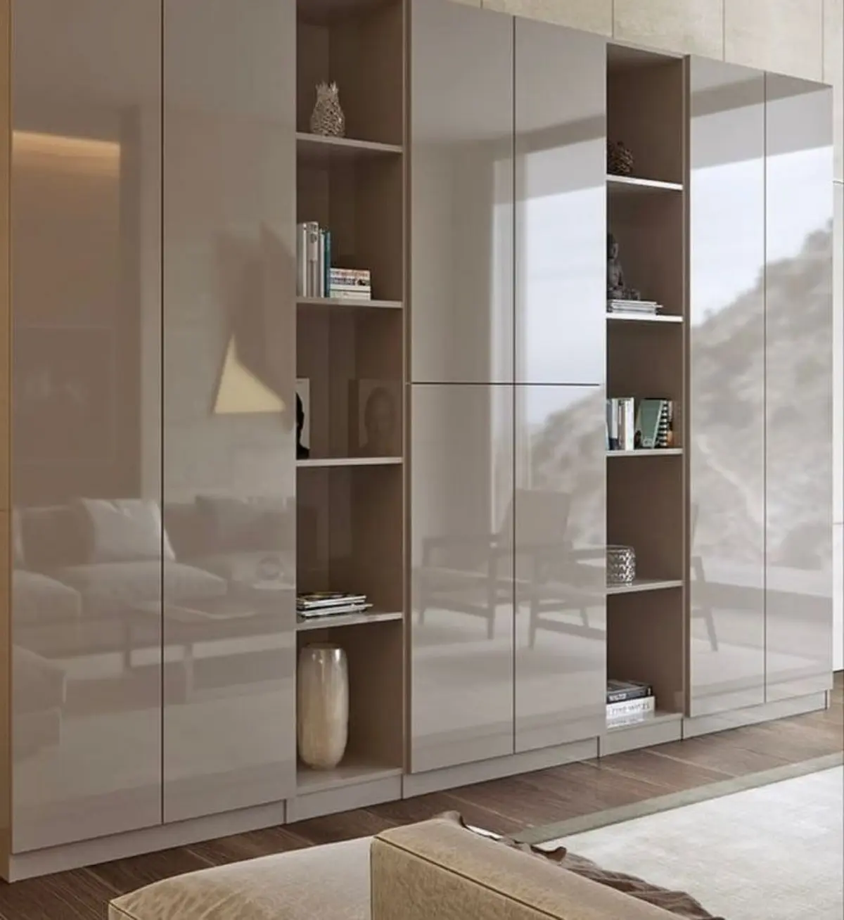 کتابخانه با متریال هایگلاس و کمد دیواری سفید