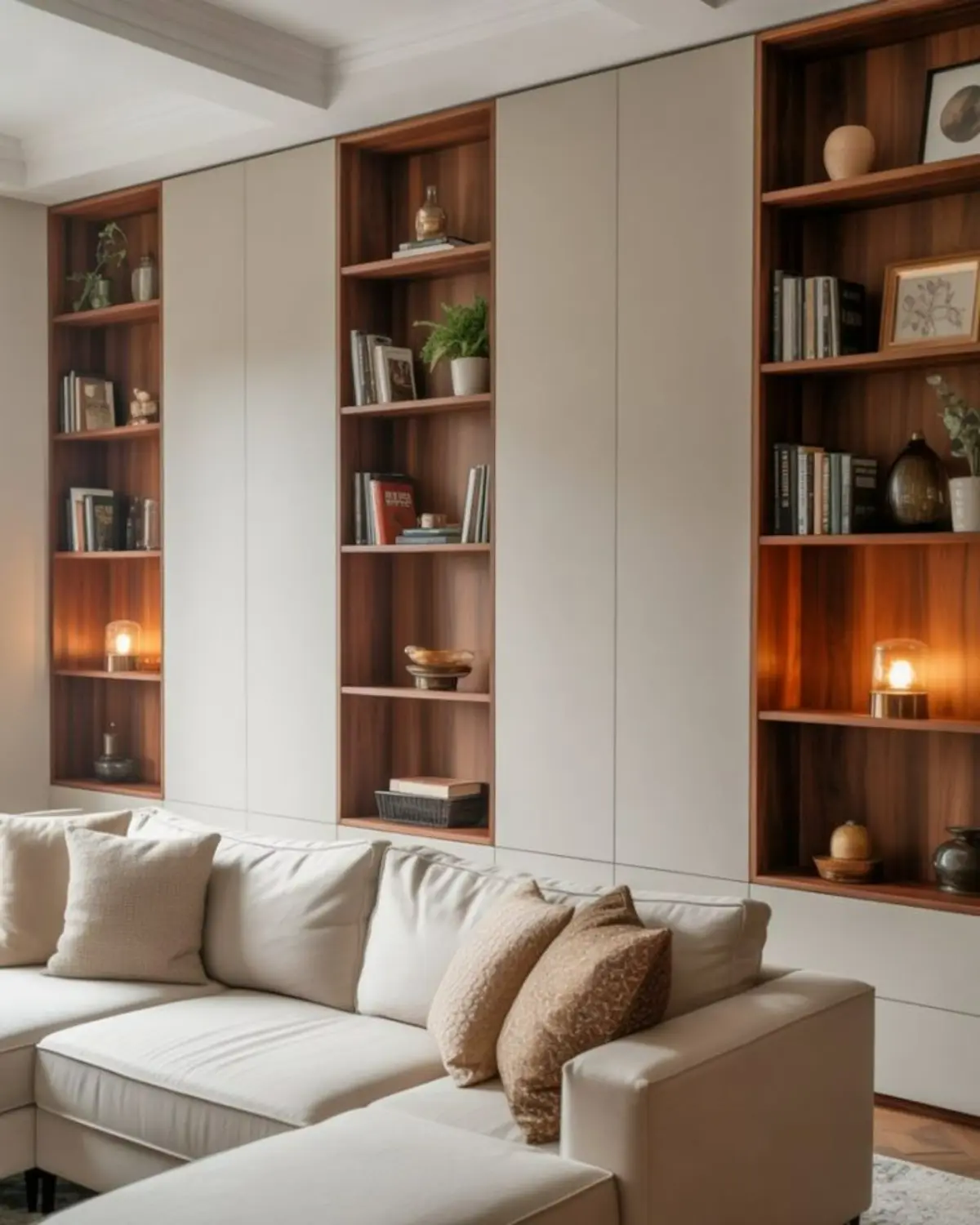 کمد دیواری مدرن سفید با شلف چوبی