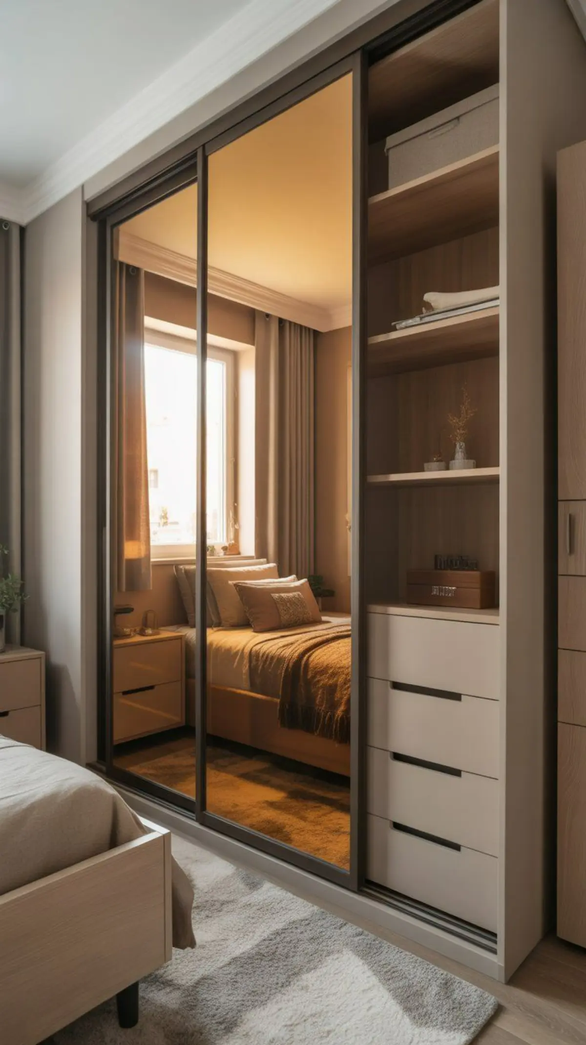 کمد دیواری با درب ریلی و کشو و شلف همراه با آینه