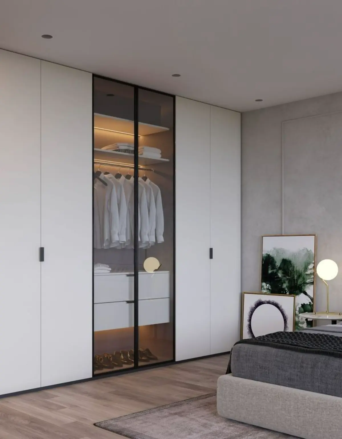 کمد دیواری جادار سفید مدرن با درب شیشهای