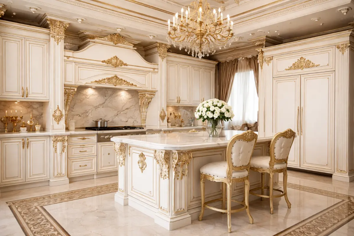 کابینت ممبران و جزیره کلاسیک سفید طلایی