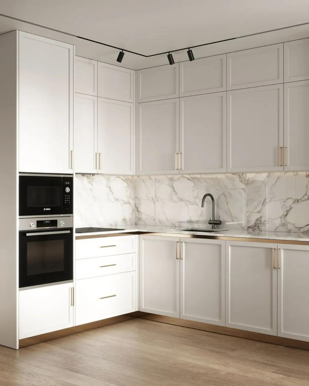 کابینت ممبران سفید با دستگیره و نوار طلایی نئوکلاسیک