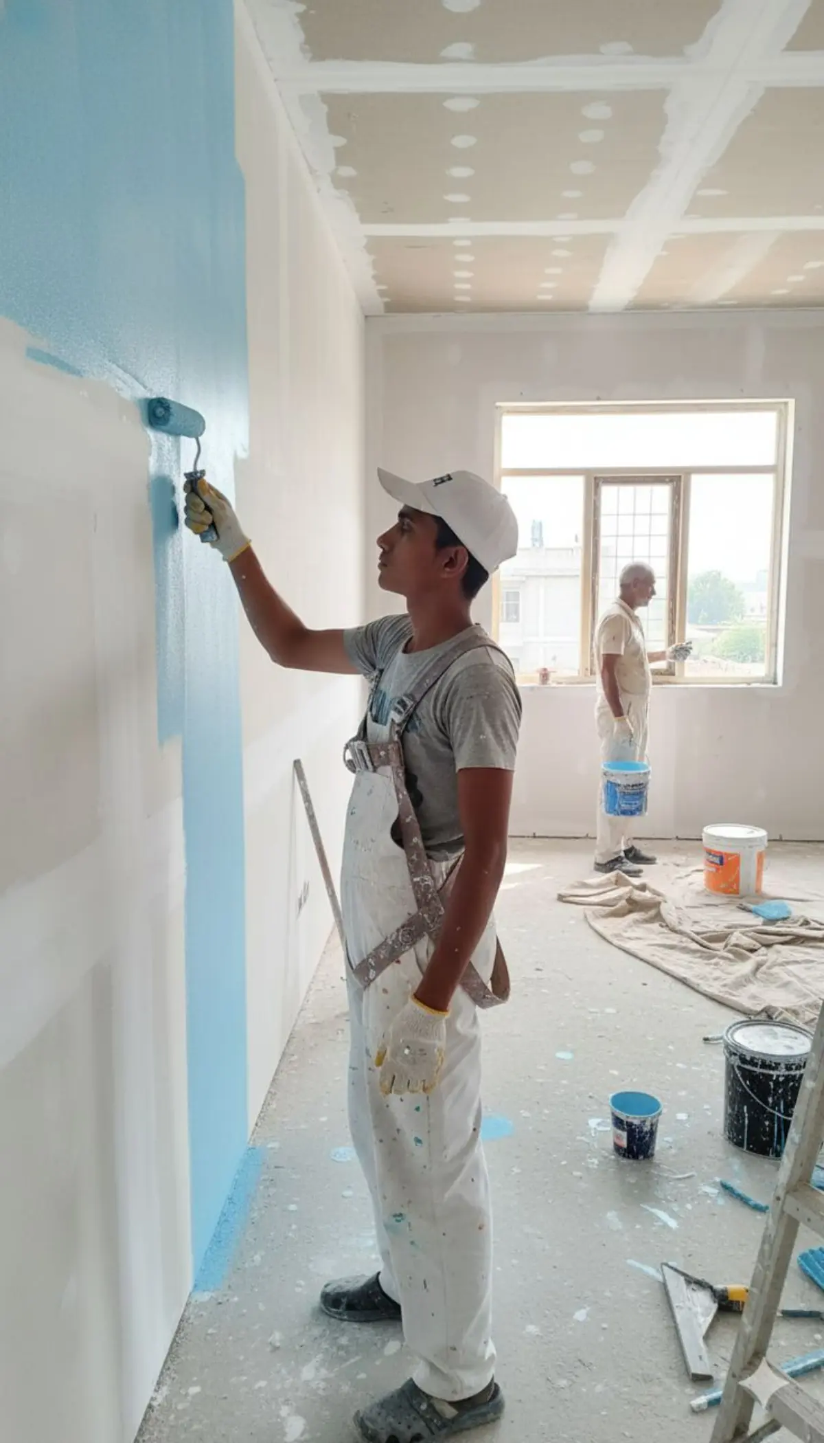 رنگ کردن لایه اول دیوار آبی