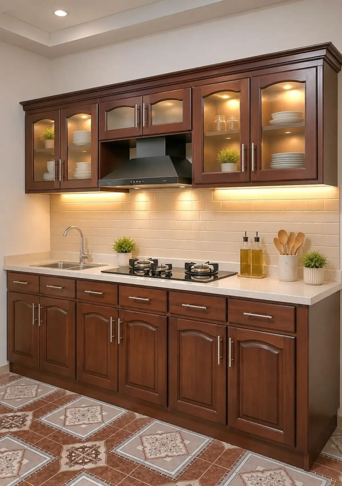 کابینت چوبی نئوکلاسیک با دستگیره نقرهای و صفحه کابینت آجر نما سفید با کف پوشی سفید قهوهای