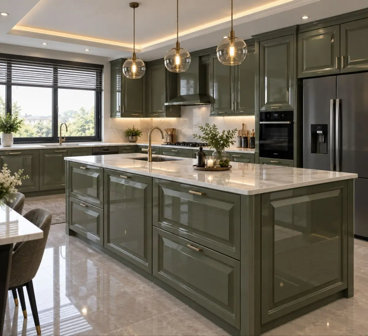 کابینت جزیره سبز زیتونی با صفحه سفید