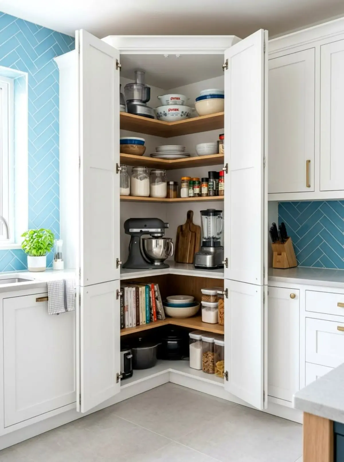 کابینت پنتری سفید گوشه با طبقات